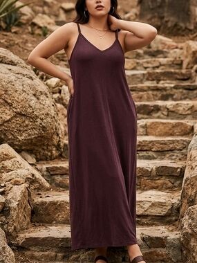 Zenana Premium Plum Maxi Slip Dress 1X Minimalist Stretch Lounge Capsule